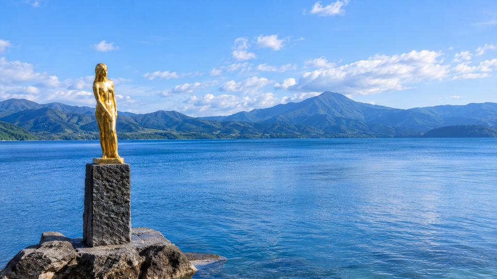 Lake Tazawa and the golden Tatsuko statue in Akita Japan