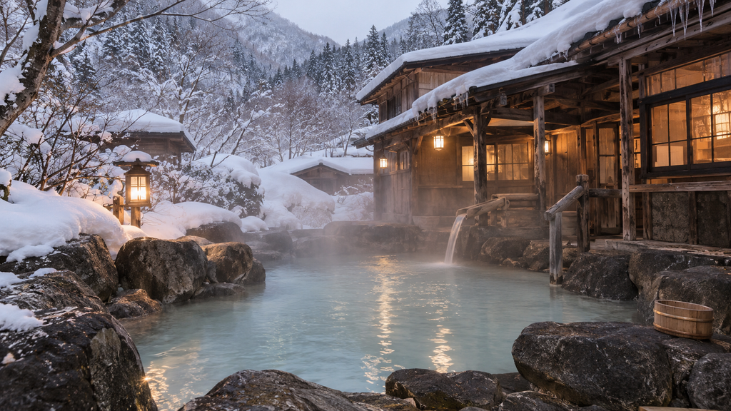 Traditional outdoor hot spring at Nyuto Onsen in Akita during winter