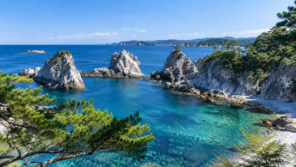 White rock formations and blue water along the Sanriku Coast in Iwate Japan