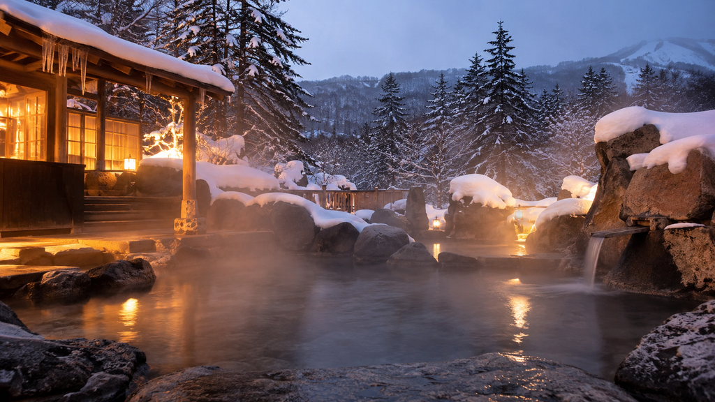 Snowy outdoor hot spring in the Hachimantai and Appi mountain area of Iwate Japan