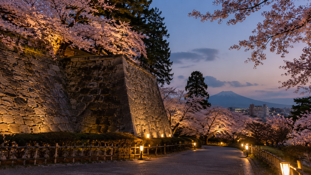 Morioka Castle Ruins Park illuminated during cherry blossom season in Iwate Japan