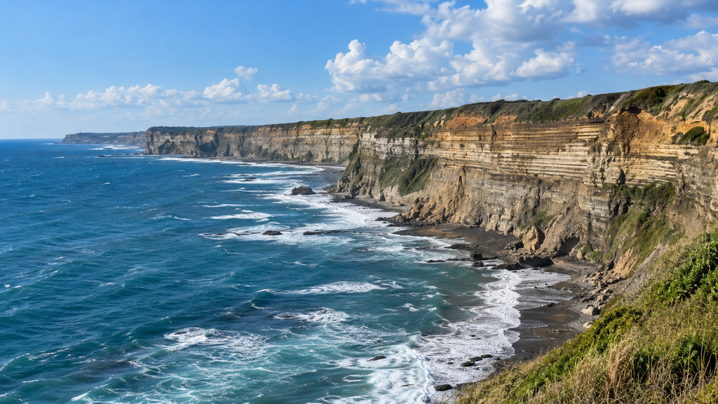 Layered Byobugaura sea cliffs and blue Pacific Ocean near Choshi, Chiba