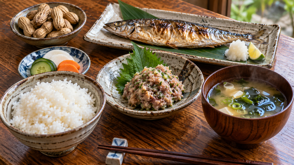 Chiba seafood meal with namero, grilled fish, rice and locally grown peanuts