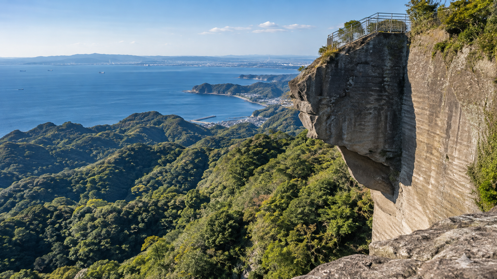 Rocky viewpoint on Mount Nokogiri overlooking Tokyo Bay in Chiba