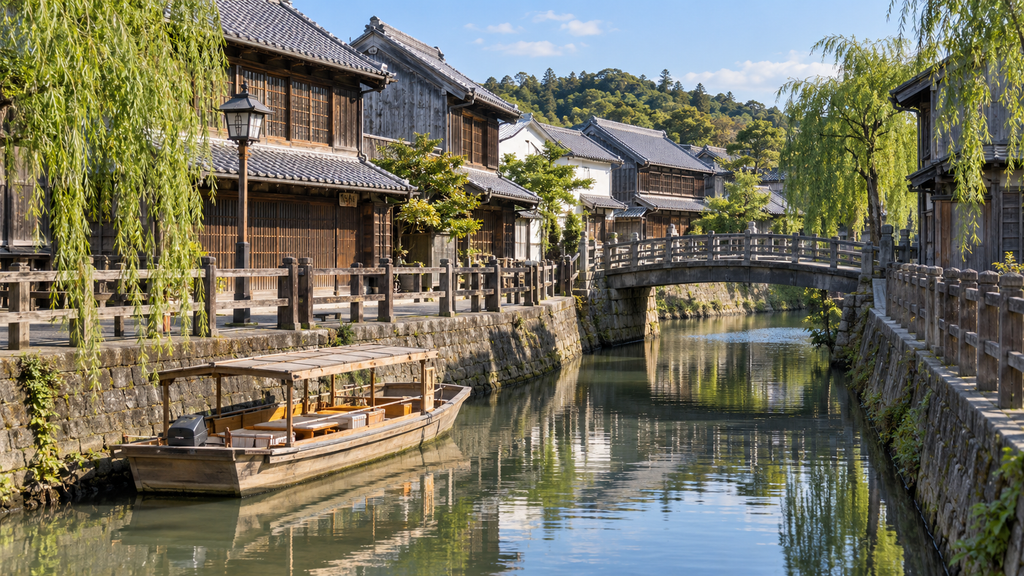 Historic wooden merchant houses along the Ono River canal in Sawara, Chiba