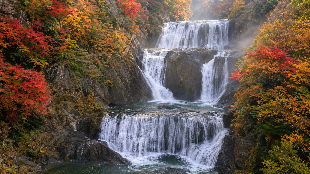 Fukuroda Falls flowing over broad rock terraces surrounded by autumn leaves in Ibaraki