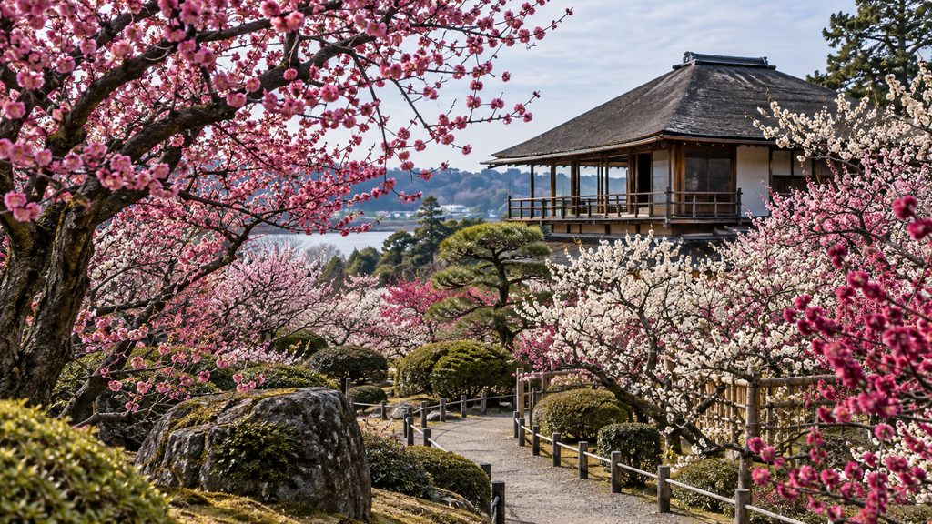Pink and white plum blossoms surrounding a traditional building at Kairakuen Garden in Mito