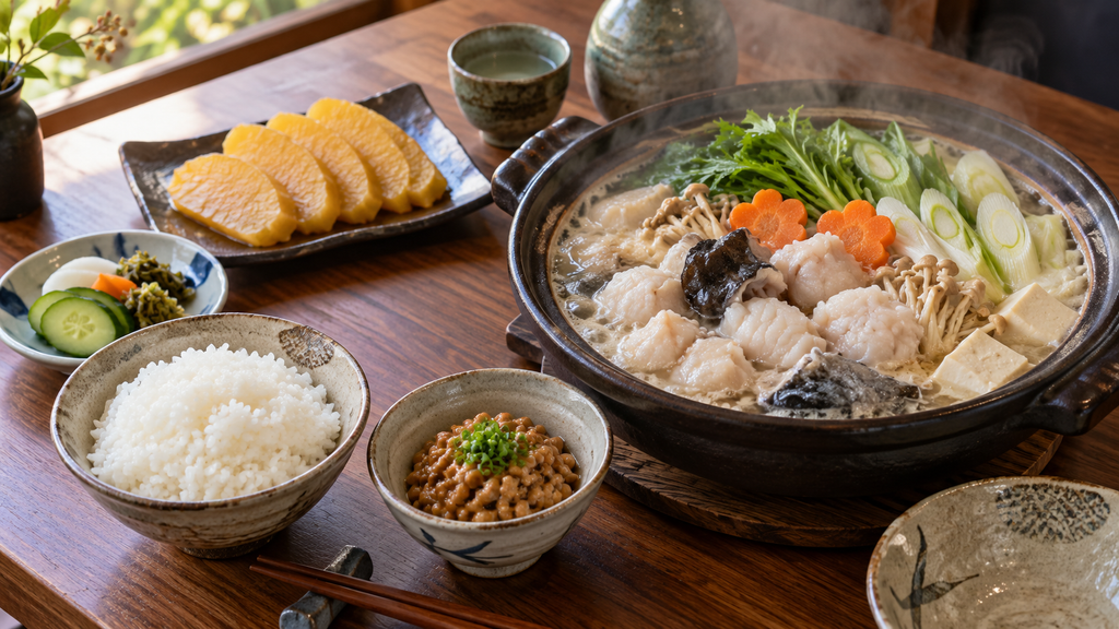 Ibaraki meal featuring natto, monkfish hot pot, rice and dried sweet potato