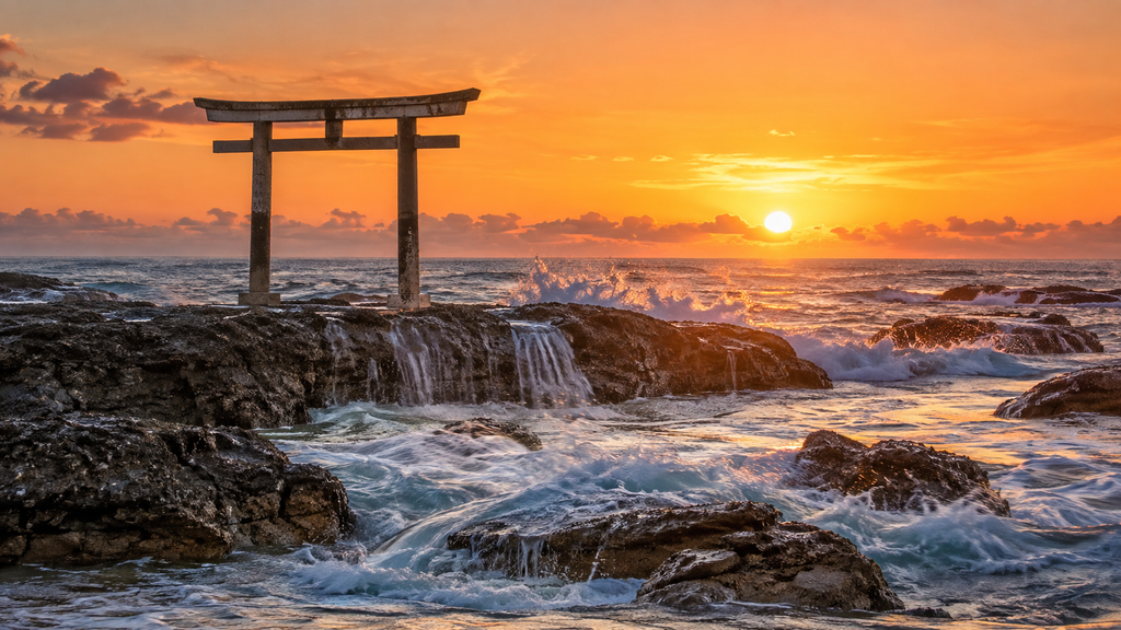 Kamiiso-no-Torii gate of Oarai Isosaki Shrine standing among Pacific Ocean waves