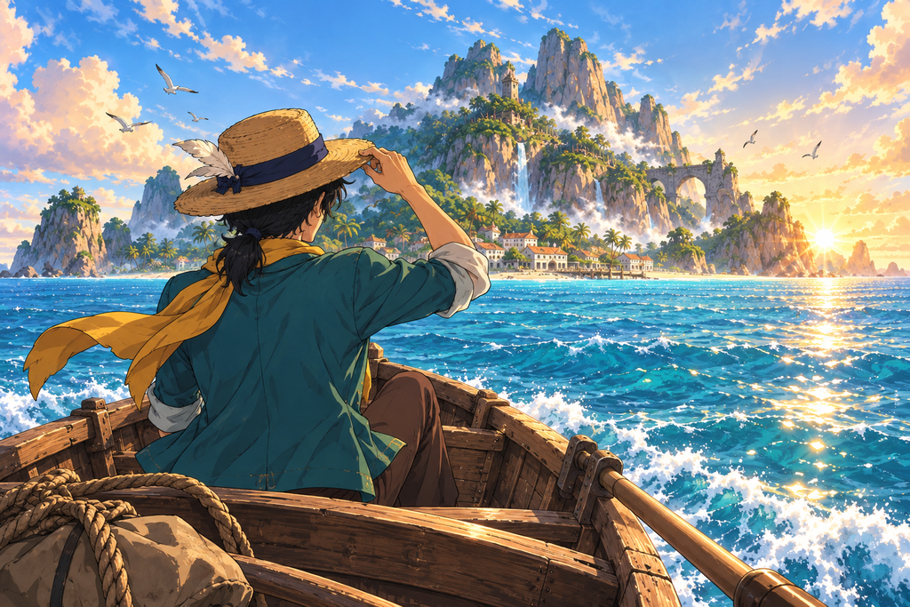 Original anime-style adventurer in a teal jacket looking toward an island from a wooden boat.