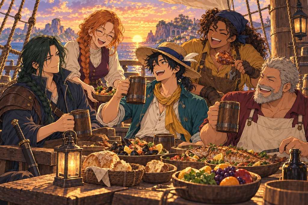 Five original anime-style sailing companions sharing a meal on deck at sunset.