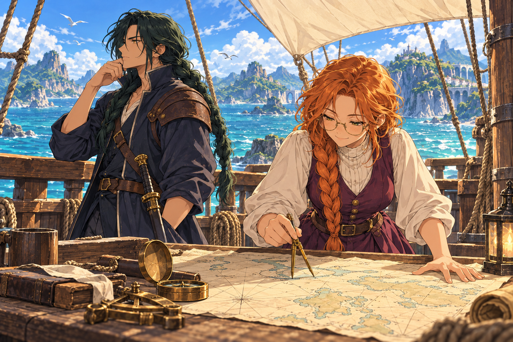 Original anime-style swordsman and bespectacled navigator studying a nautical chart on deck.