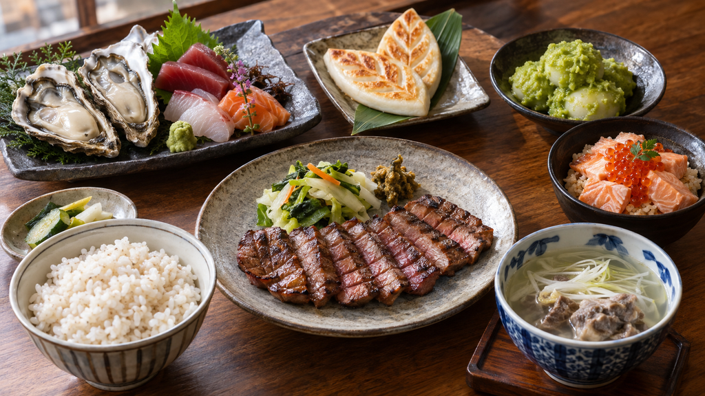 Miyagi specialties including grilled gyutan, fresh seafood, zunda mochi, and sasa kamaboko