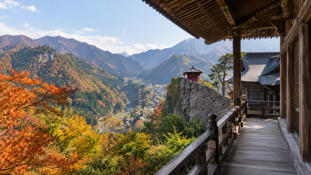 Yamadera temple buildings overlooking an autumn valley in Yamagata, Japan
