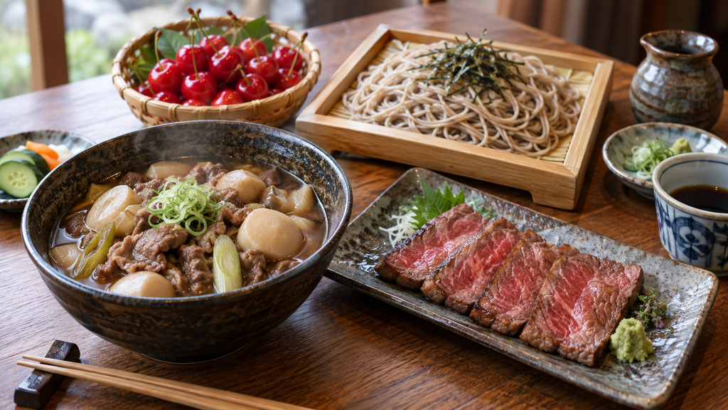 Yamagata specialties including red cherries, imoni stew, soba noodles, and Yonezawa beef