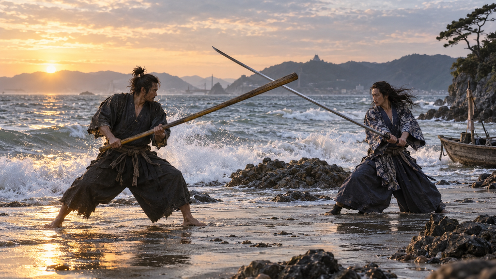 Miyamoto Musashi fighting Sasaki Kojiro with a wooden sword on Ganryujima