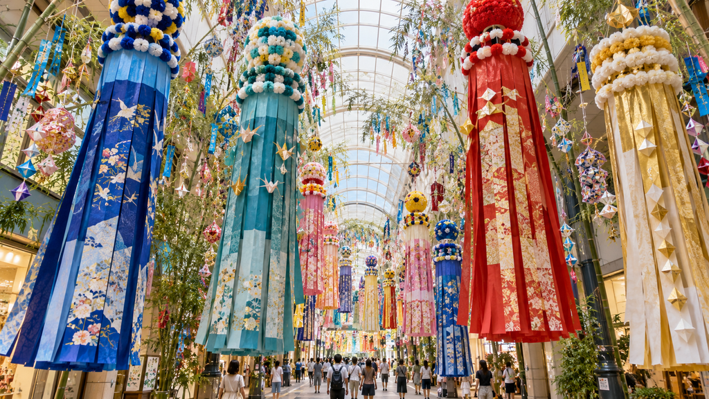 Colorful handmade paper streamers at the Sendai Tanabata Festival in Miyagi