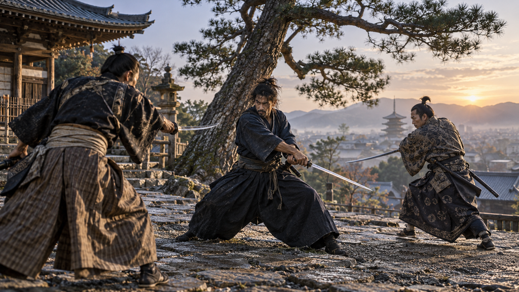 Miyamoto Musashi facing rival swordsmen near a temple in early Edo period Kyoto