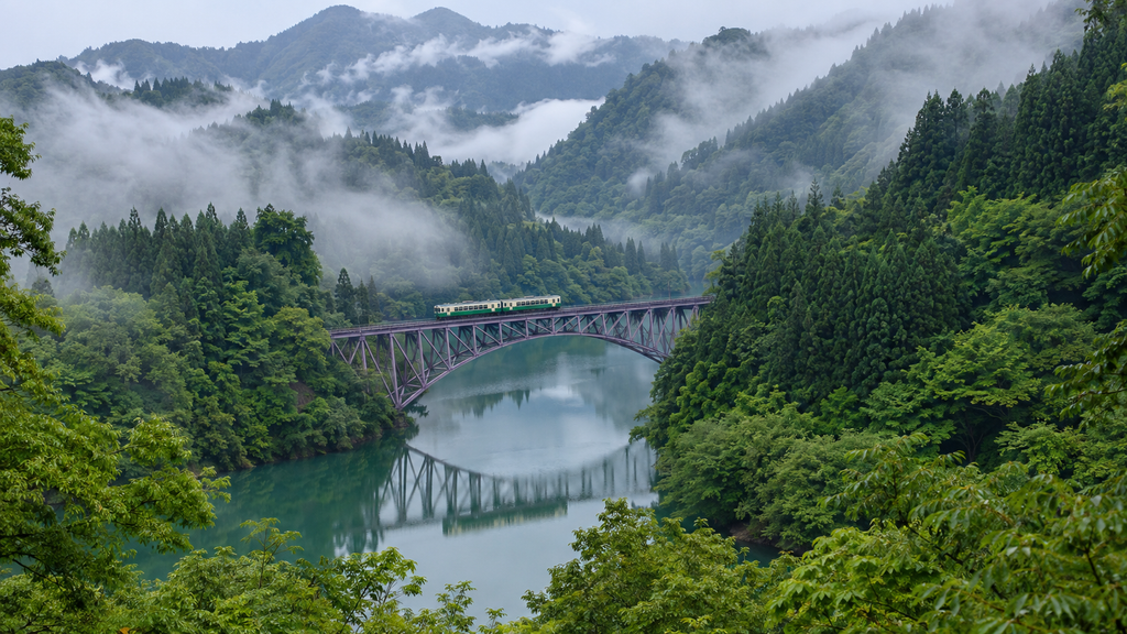 Local train crossing the First Tadami River Bridge through misty Fukushima mountains