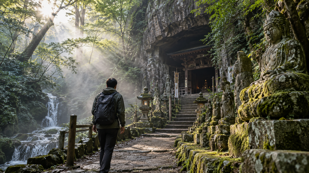 Traveler walking past moss-covered Buddhist statues toward Reigando Cave in Kumamoto
