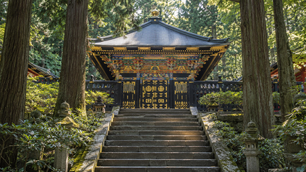 Ornately decorated Zuihoden mausoleum surrounded by cedar trees in Sendai