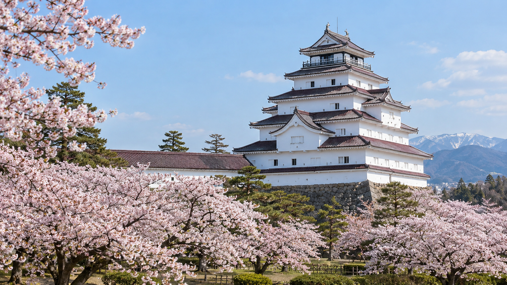 Tsurugajo Castle surrounded by cherry blossoms in Aizu-Wakamatsu, Fukushima