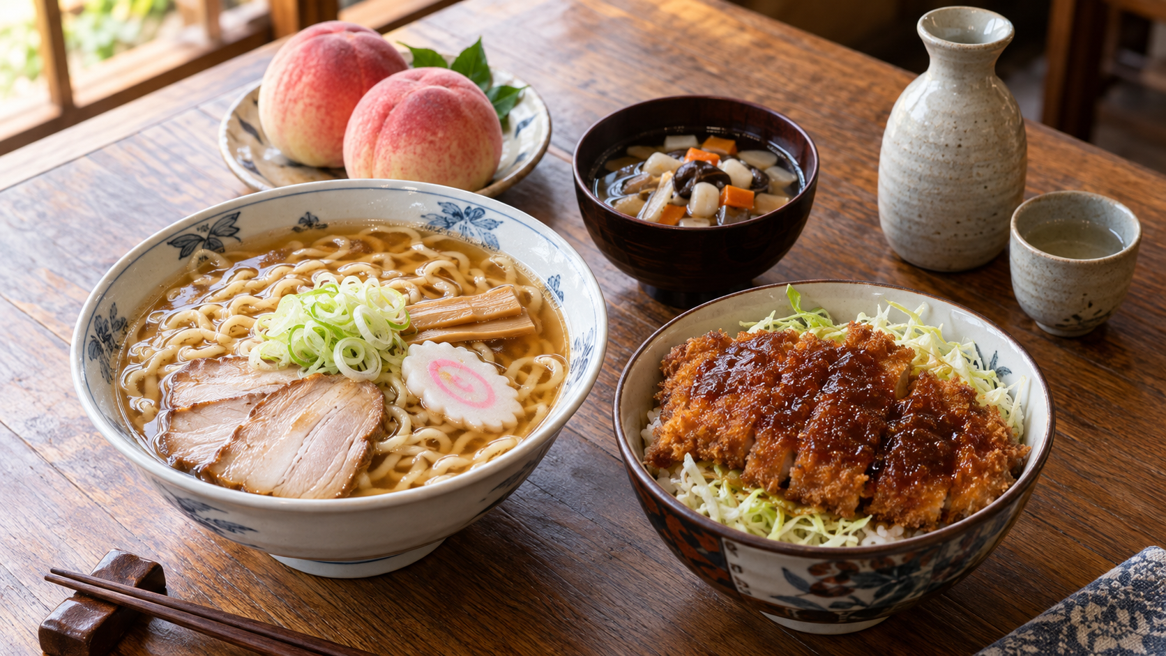 Fukushima specialties including Kitakata ramen, sauce katsudon, kozuyu, peaches, and sake