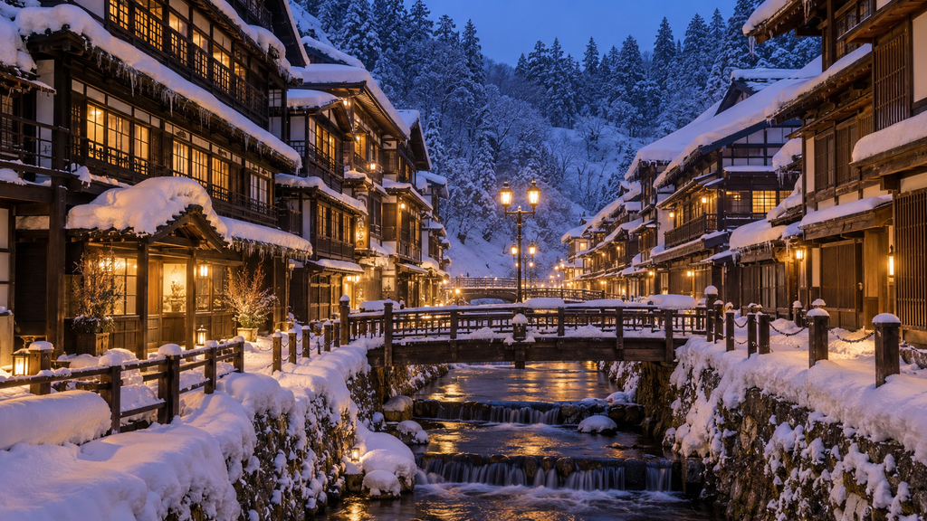 Traditional wooden ryokan and gas lamps at Ginzan Onsen on a snowy winter evening