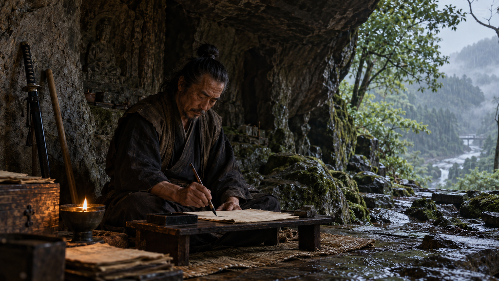 Elder Miyamoto Musashi writing The Book of Five Rings inside Reigando Cave