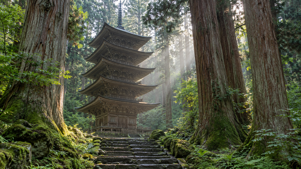 Five-story pagoda surrounded by ancient cedar trees on Mount Haguro in Yamagata