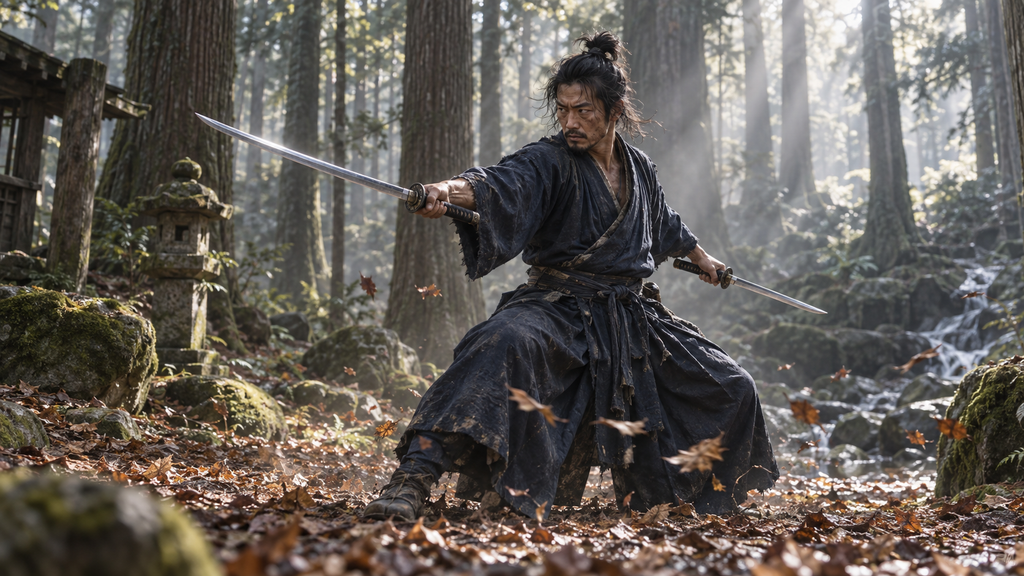 Miyamoto Musashi practicing his two-sword fighting style in a cedar forest